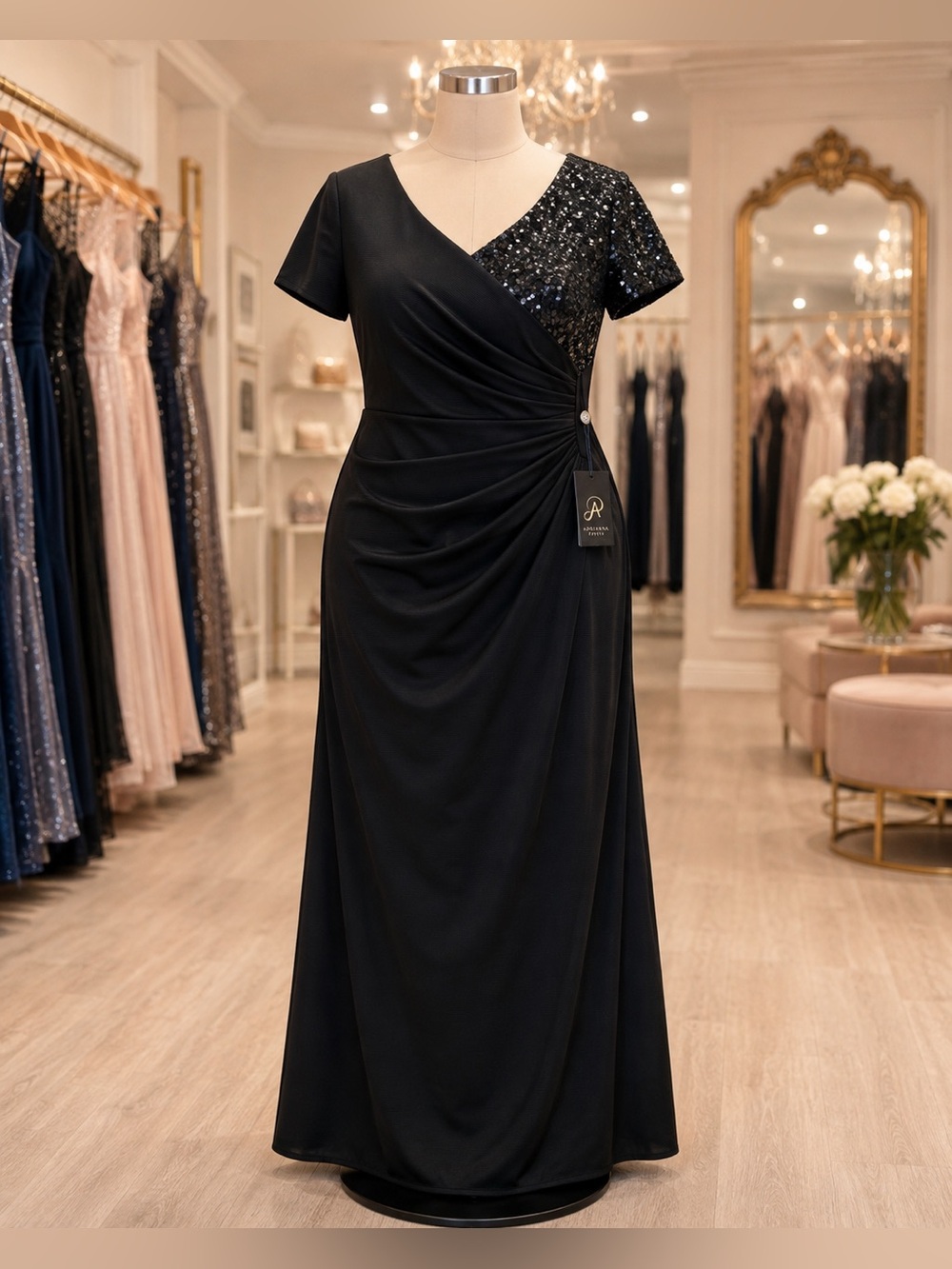 NWT Adrianna Papell 14W Black Sequin Ruched Formal Evening Gown